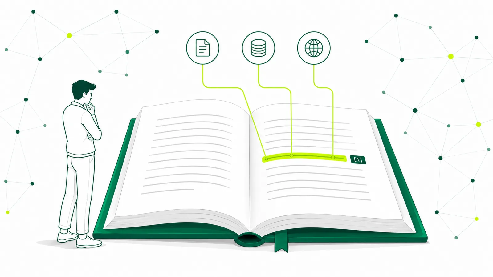 An open book with a jade cover; one line on the right page is highlighted in chartreuse and tagged “[1]”, while three source icons above — a document, a database, and a globe — feed lines down into it. The model answers from a retrieved, cited passage rather than from memory.