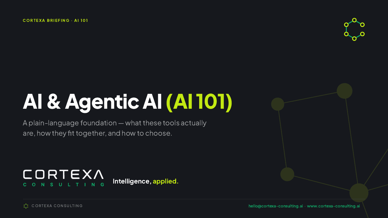 Cover of the AI 101 primer: dark slide with the Cortexa Consulting logo and the title AI and Agentic AI.