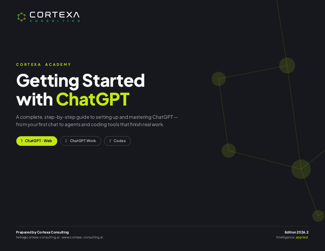Cover of the Getting Started with ChatGPT guide: dark page with the Cortexa Consulting logo and the guide title.