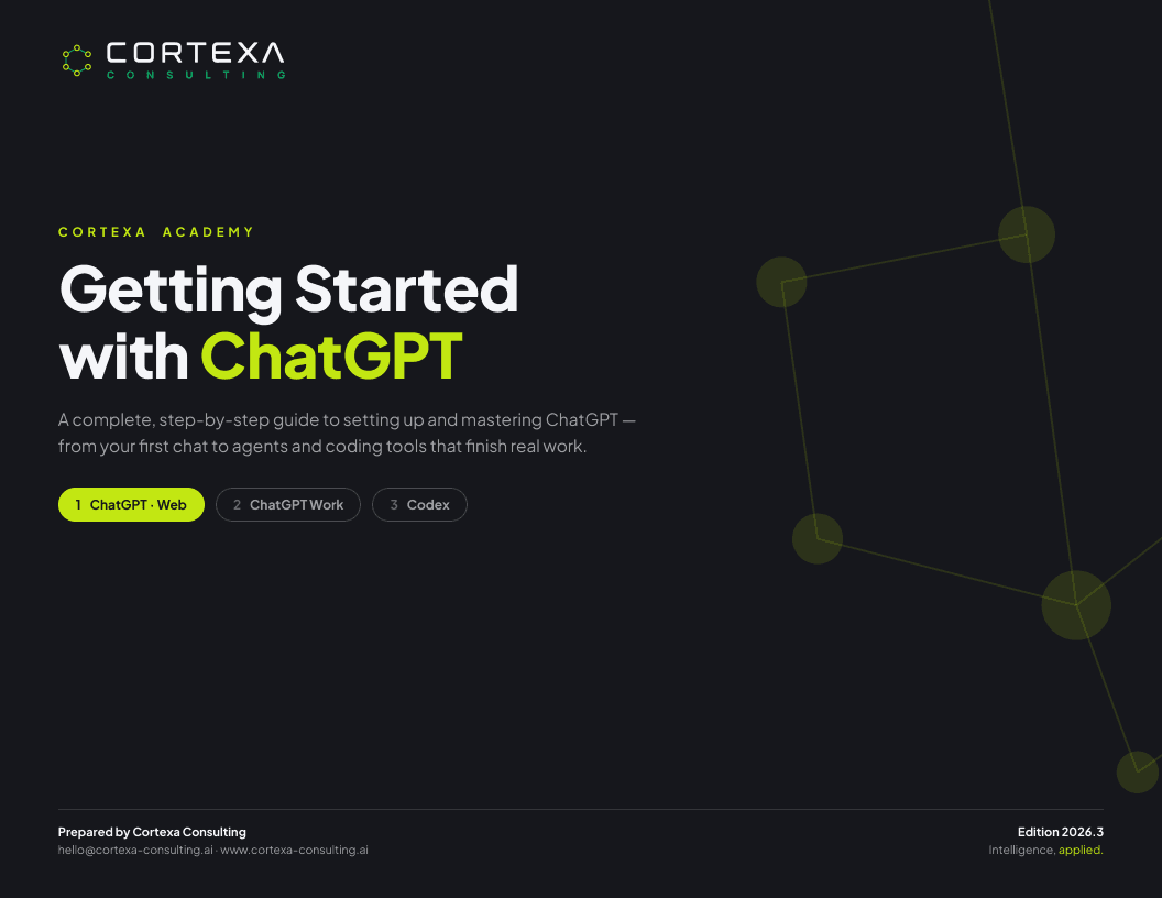 Cover of the Getting Started with ChatGPT guide: dark page with the Cortexa Consulting logo and the guide title.