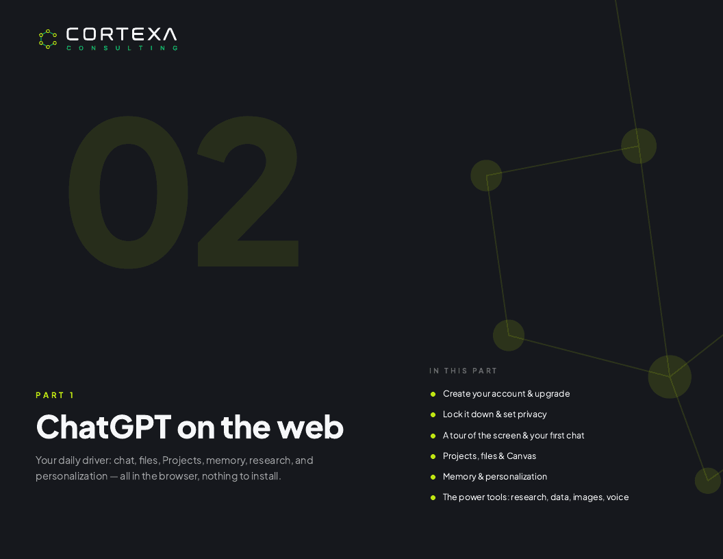 Dark section divider introducing Part 1, ChatGPT on the web, with the part's contents listed.
