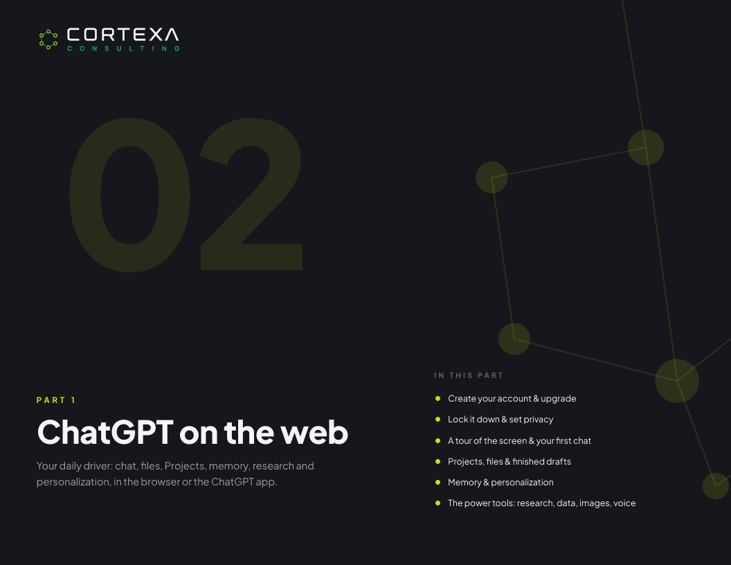 Dark section divider introducing Part 1, ChatGPT on the web, with the part's contents listed.