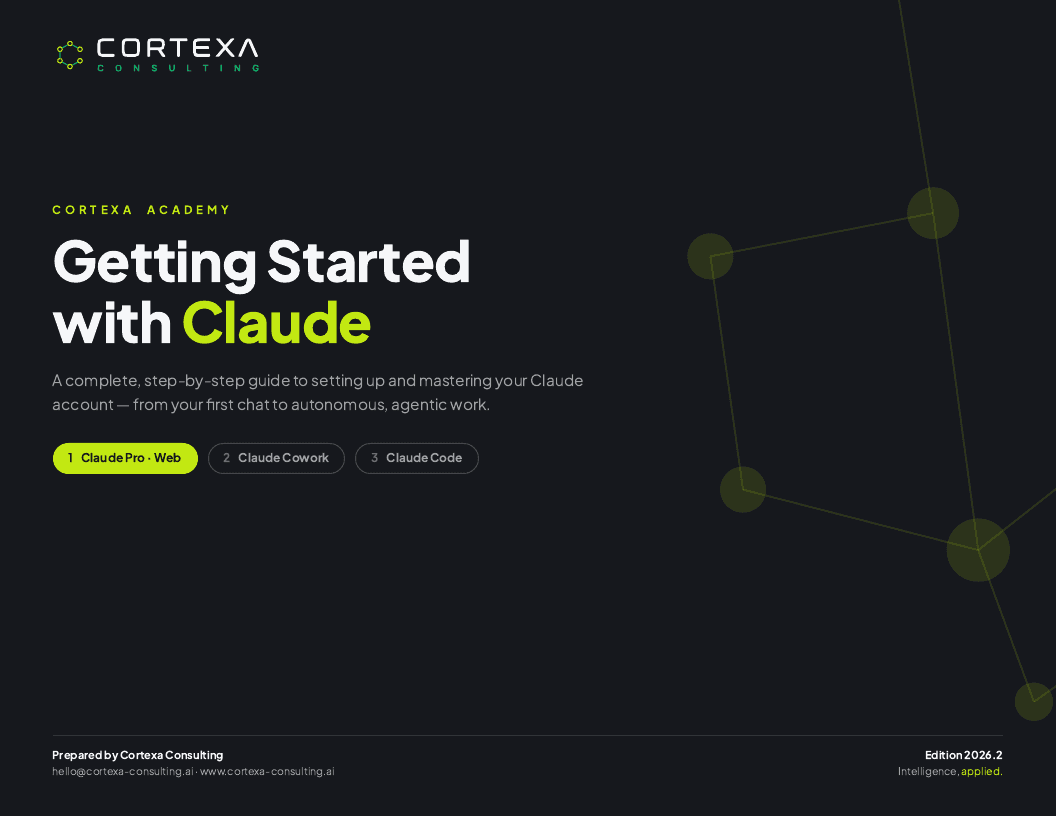 Cover of the Getting Started with Claude guide: dark page with the Cortexa Consulting logo and the guide title.