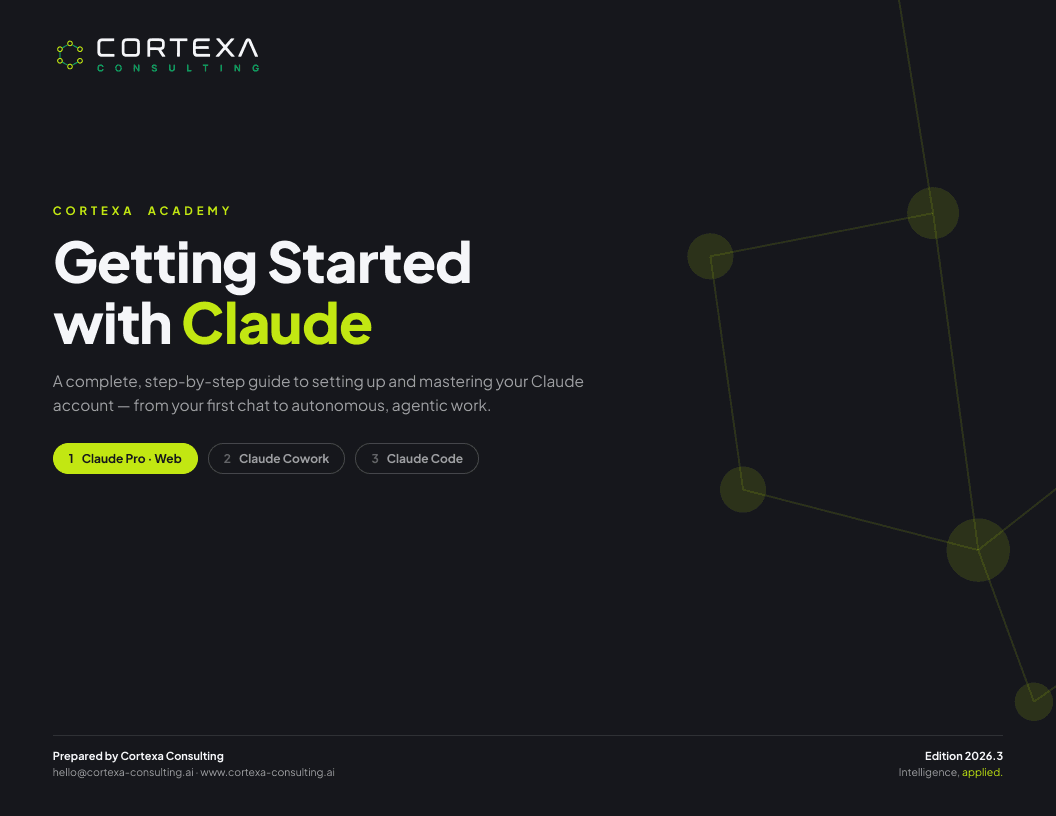 Cover of the Getting Started with Claude guide: dark page with the Cortexa Consulting logo and the guide title.