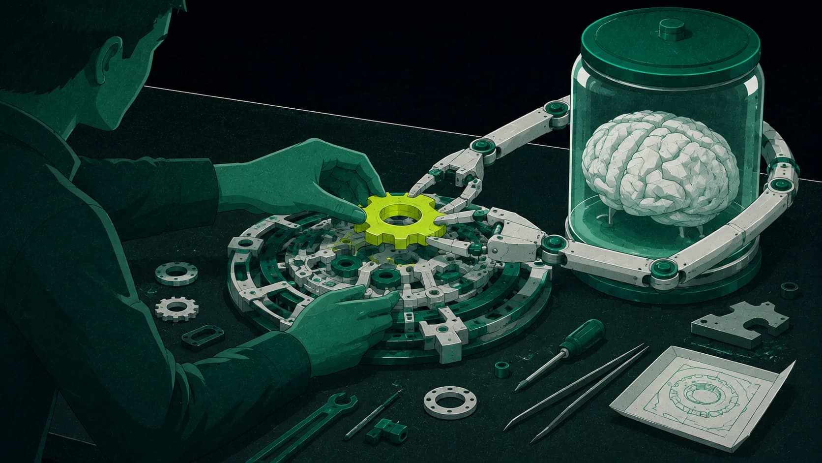 At one shared workbench, a person and a brain-in-a-jar AI agent build a single machine together: the person's hand and the agent's robotic gripper jointly place the one chartreuse gear at its center, while their other hand and arm steady the mechanism. Flat tools and a blueprint tray sit around the bench.