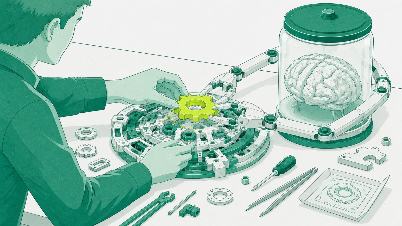 At one shared workbench, a person and a brain-in-a-jar AI agent build a single machine together: the person's hand and the agent's robotic gripper jointly place the one chartreuse gear at its center, while their other hand and arm steady the mechanism. Flat tools and a blueprint tray sit around the bench.