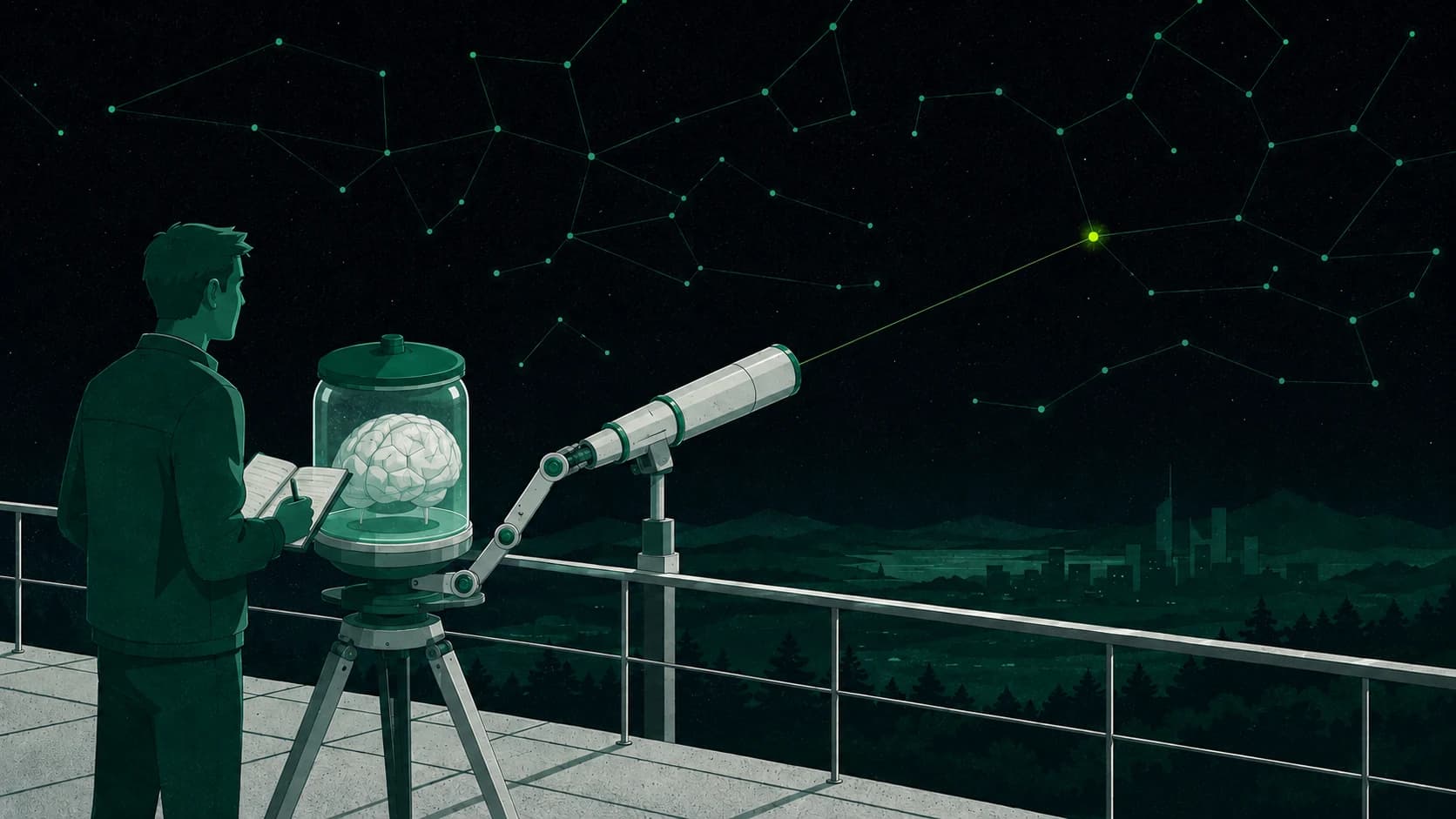 An analyst and a brain-in-a-jar AI agent stand at an observation deck rail at night. The agent's robotic arm adjusts a telescope aimed at a sky full of connected jade signal nodes; a thin sightline runs from the lens to the one chartreuse node on the horizon, while the analyst notes it in a logbook. A city skyline sits far below.