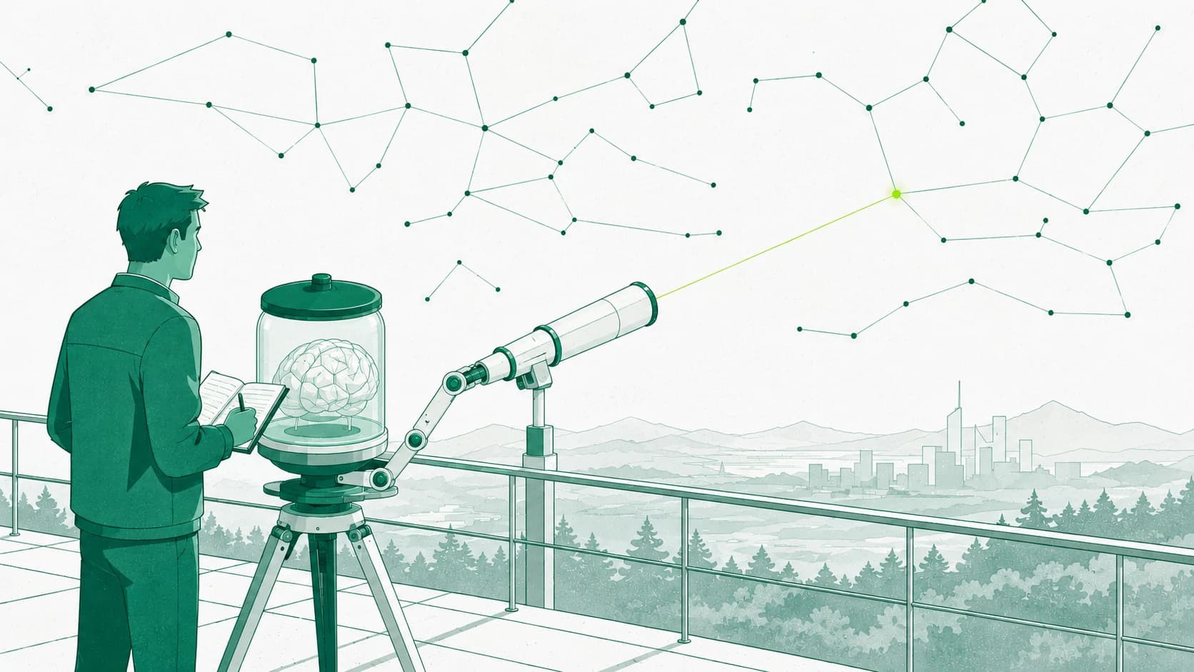 An analyst and a brain-in-a-jar AI agent stand at an observation deck rail at night. The agent's robotic arm adjusts a telescope aimed at a sky full of connected jade signal nodes; a thin sightline runs from the lens to the one chartreuse node on the horizon, while the analyst notes it in a logbook. A city skyline sits far below.