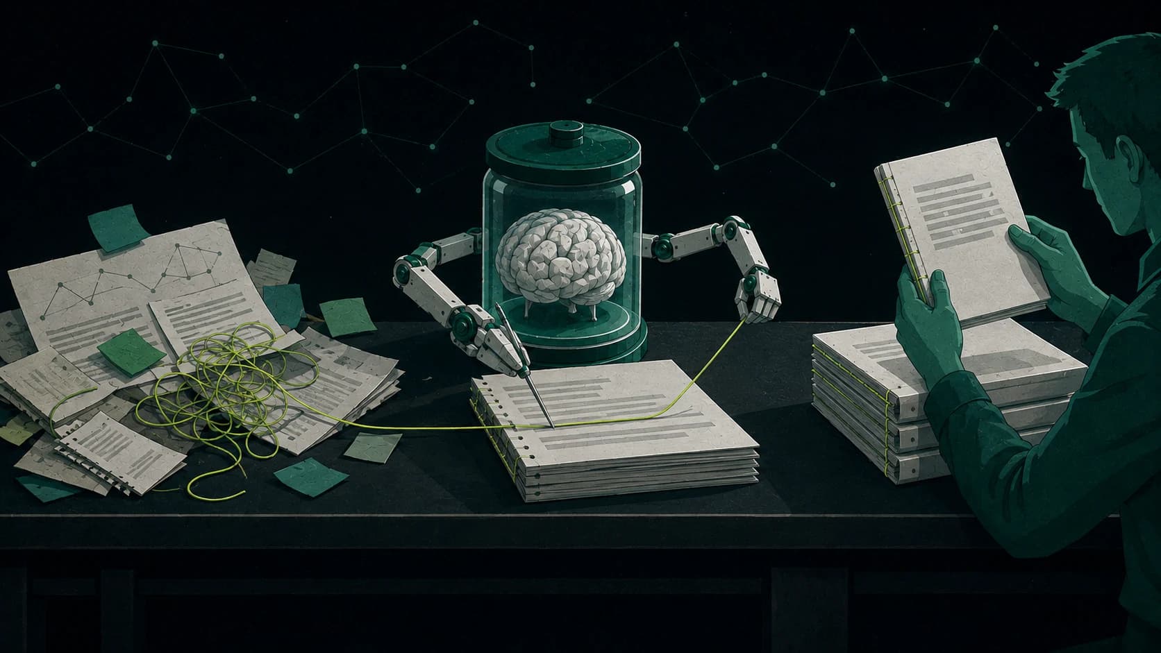 One long worktable, left to right: a pile of loose notes, rough pages, and a tangled chartreuse thread; a brain-in-a-jar AI agent mid-stitch, needle in one robotic hand and the thread pulled taut in the other, binding a stack of pages; then squared stacks of finished reports with neat chartreuse-stitched spines, one held up for review by a person at the right.