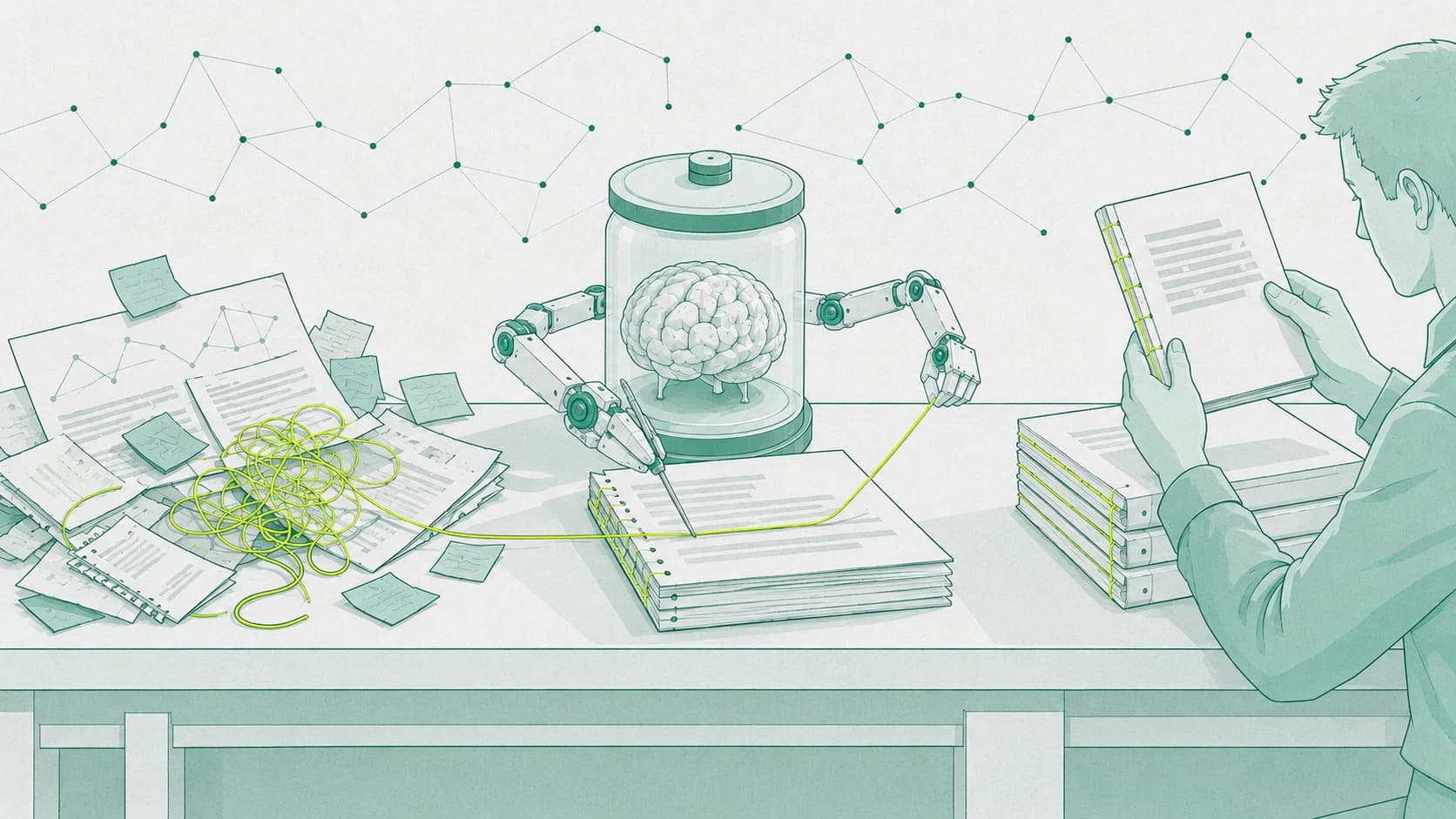 One long worktable, left to right: a pile of loose notes, rough pages, and a tangled chartreuse thread; a brain-in-a-jar AI agent mid-stitch, needle in one robotic hand and the thread pulled taut in the other, binding a stack of pages; then squared stacks of finished reports with neat chartreuse-stitched spines, one held up for review by a person at the right.